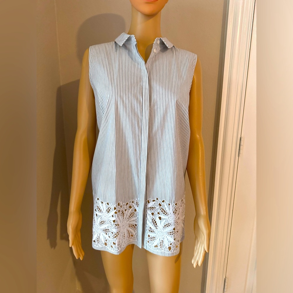 NWT Lafayette 148 New York Raindrop multi cotton stripe tunic size L